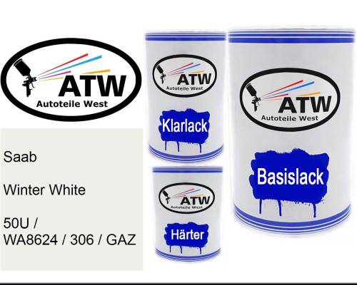 Saab, Winter White, 50U / WA8624 / 306 / GAZ: 500ml Lackdose + 500ml Klarlack + 250ml Härter - Set, von ATW Autoteile West.